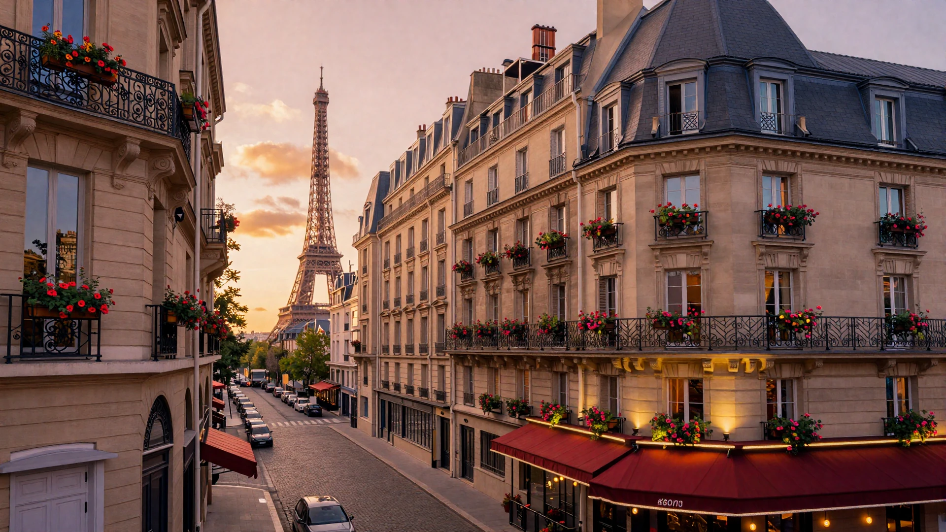 Romantic European cityscape at golden hour with Parisian architecture