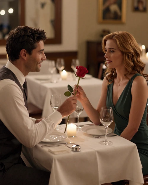 American man and European woman enjoying a romantic candlelit dinner date