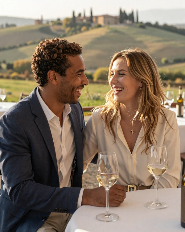 Happy American man and European woman on a romantic date at a European café